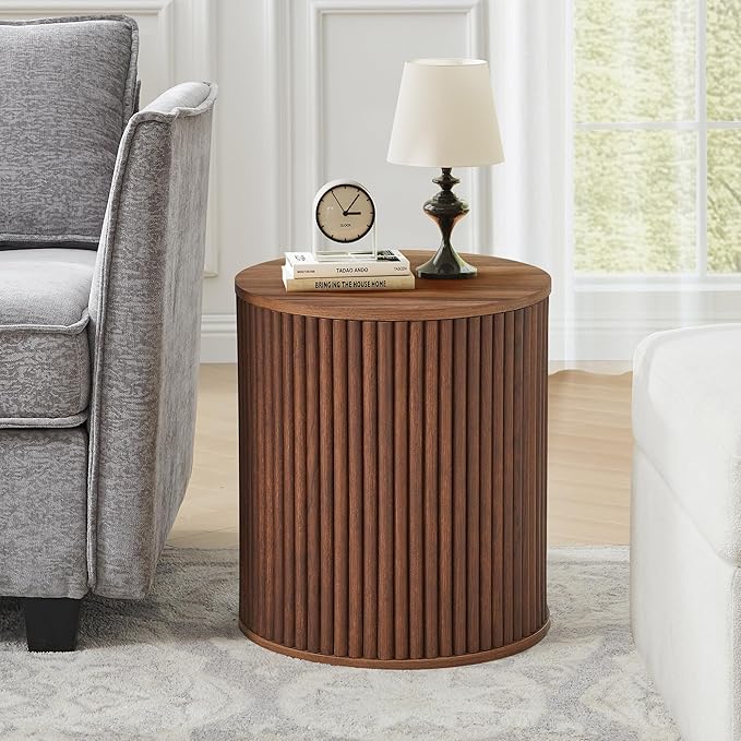 AVZEAR Fluted Round Side Table with Storage, Small Mid Century End Table Fluted Nightstands, Modern Circle Bedside Tables Wood Night Stand for Small Spaces, Living Room, Bedroom (Rustic Walnut)-Ruum Studio Home