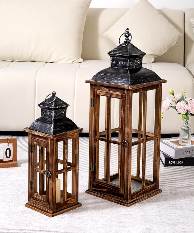 Large Farmhouse Decorative Wooden Lanterns Set of 2, Rustic Burnt Wood Floor Lanterns, Indoor/Outdoor Hurricane Lanterns for Home Decor (No Glass)-Ruum Studio Home