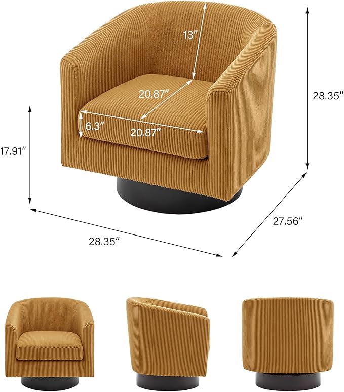Swivel Barrel Accent Chair, Modern Round Corduroy Fabric Arm Chair for Living Room, Bedroom, Comfy Club Reading Chairs for Adults (Corduroy Orange, Set of 1)-Ruum Studio Home
