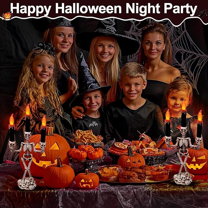 TURNMEON 2 Pack Halloween Candelabra with LED Flame Less Candles Holder Battery Operated Flickering Lights Skull Candles for Halloween Decorations Indoor Home Table Mantel Party Haunted Mansion Decor-Ruum Studio Home