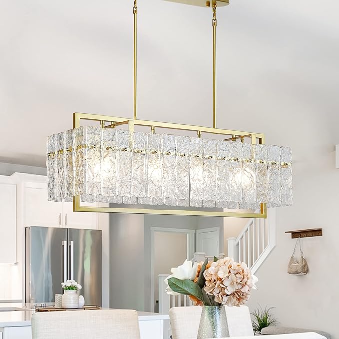 IKK Modern Gold Rectangle Chandeliers for Dining Room, Crystal Water Ripple Light Fixture, Elegant Farmhouse Linear Lighting for Kitchen Island, Bar Table, L33 x W9 x H12-Ruum Studio Home