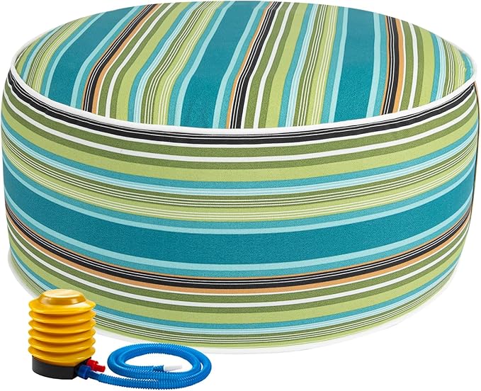 FUNHOME Inflatable Outdoor Ottoman with Air Pump,20"x9" Portable Patio Pouf,Water Resistant,Fade-Resistant,Round Blow Up Footrest Stools for Home Garden Camping Travel(Green Stripe)-Ruum Studio Home