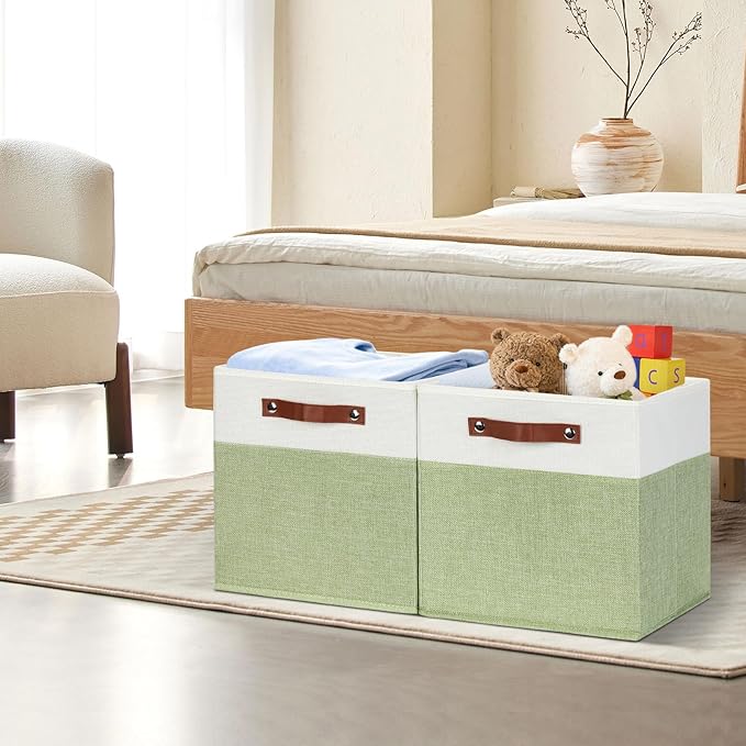 HNZIGE Fabric Storage Cubes for Shelves Set of 4 ,Storage Cubes Baskets 12 x12, Decorative Storage Bins Basket with Handles, Green Baskets for Organizing Home Nursery(Green White)-Ruum Studio Home