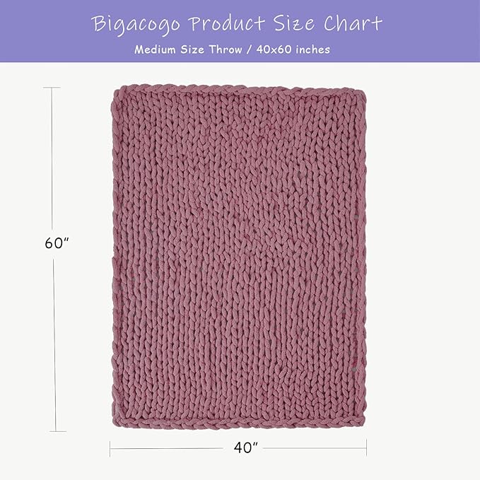 Bigacogo Chunky Knit Throw Blanket for Couch, 40x60 inches, 100% Hand Knitted with Thick Jumbo Chenille Yarn, Cozy Soft Large Rope Knot Cable Crochet Blankets for Sofa Bed Living Room, Burnt Rose-Ruum Studio Home