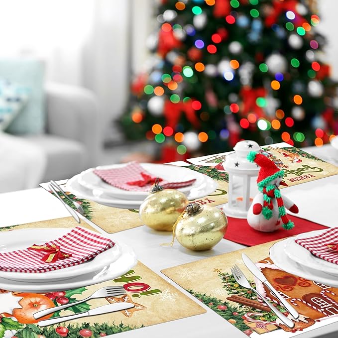 Christmas Placemats Set of 6 Retro Christmas Plastic Table Place Mats Merry Christmas Dining Mats Washable Xmas Holiday Rustic Vintage Table Decoration for Indoor Outdoor Christmas Party Dining Table-Ruum Studio Home