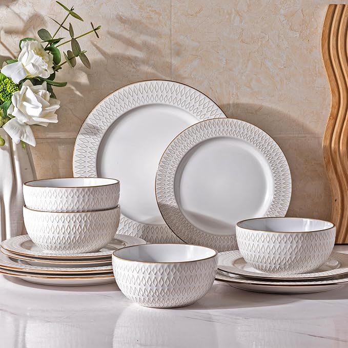 GBHOME Ceramic Dinnerware Sets,12 pcs Embossed Elegant Stoneware Plates and Bowls Sets, Housewarming Wedding Gift | Dishwasher & Microwave Safe | Dishes Set Service for 4-Ruum Studio Home