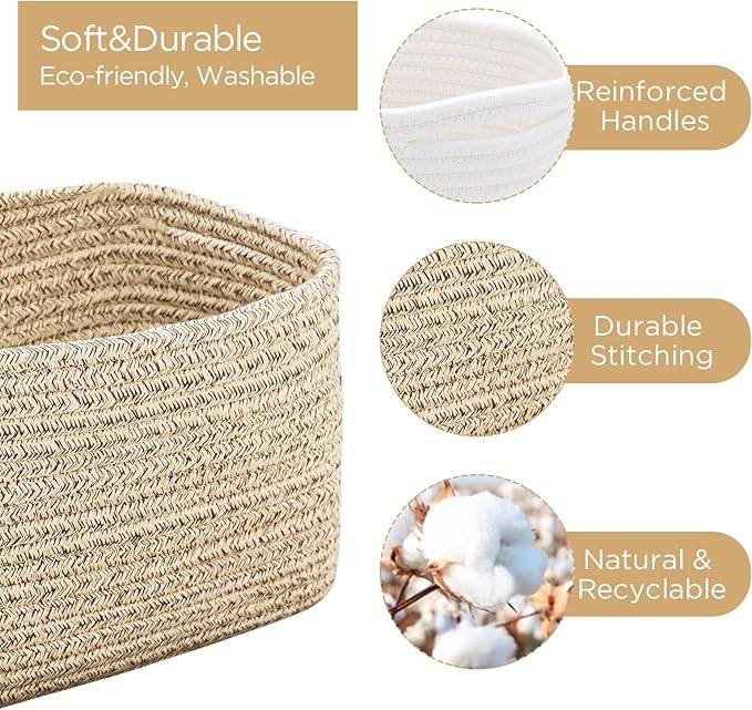 Small Cotton Rope Storage Basket Set of 3-11"x7"x7" Perfect Woven Baskets for Storage, Ideal Storage Baskets for Organizing Toys, Towels, and More - Baskets for Shelves and Home Decor（Beige）-Ruum Studio Home
