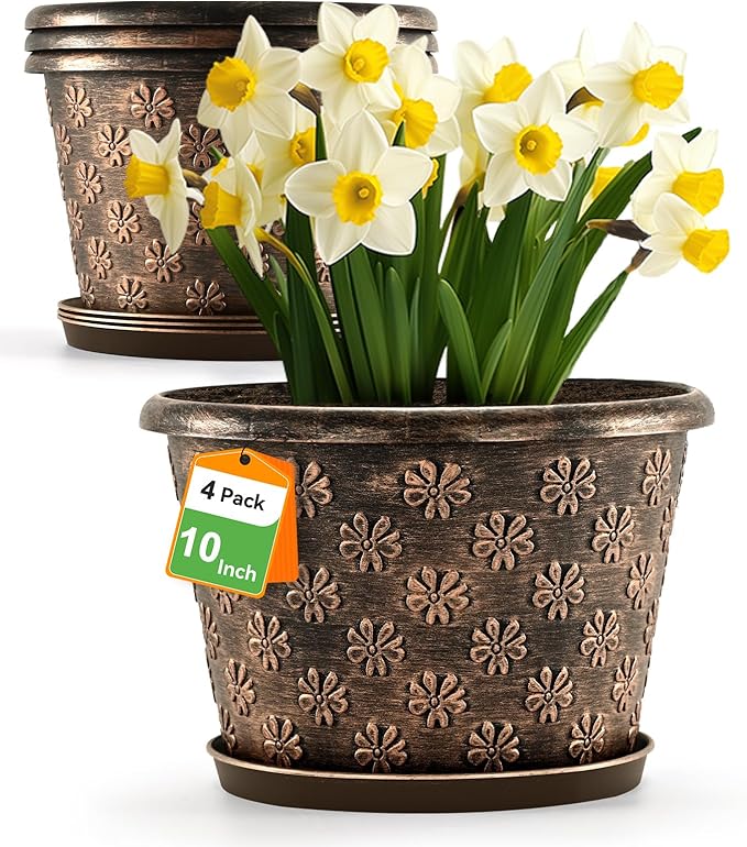 10 Inch Planter Pots for Plants, 4 Pack Plastic Large Flower Pots Indoor Outdoor, Resin Plant Pot with Drainage & Saucer, Retro Decorative Garden Pot with Removable Trays for House-Ruum Studio Home