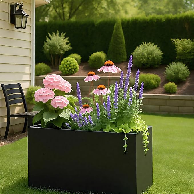 Kozyard 36" x 12" x 24" Metal Rectangular Planter Box Steel Long Box Planter Black Powder Coated Steel Plant Pot All-Weather Use with Partition Panel for Indoor Outdoor for Trees, Plants Flowers-Ruum Studio Home