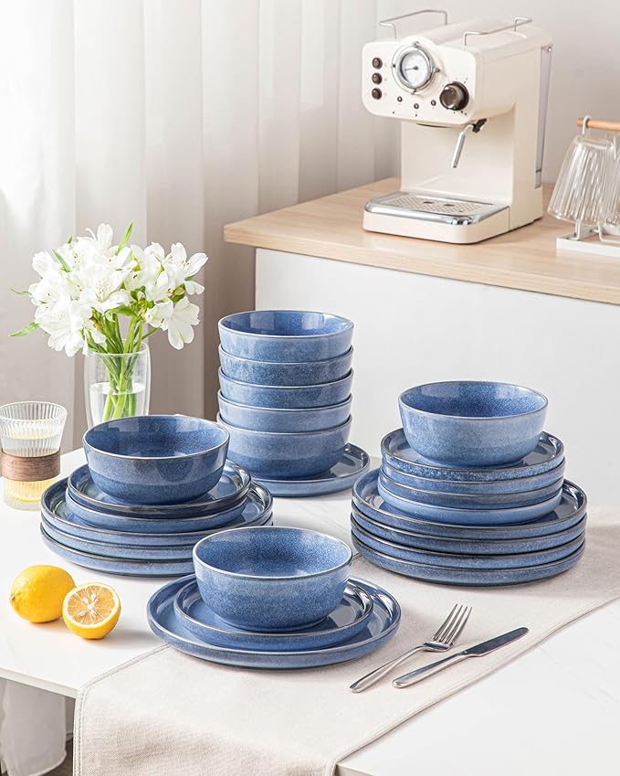 vancasso ANYA 24 Pieces Plates and Bowls Set, Blue Dinnerware Sets, Reactive Glaze Dishes Set for 8, Ceramic Dishware Sets Kitchen Dinner Set, Microwave & Dishwasher Safe-Ruum Studio Home