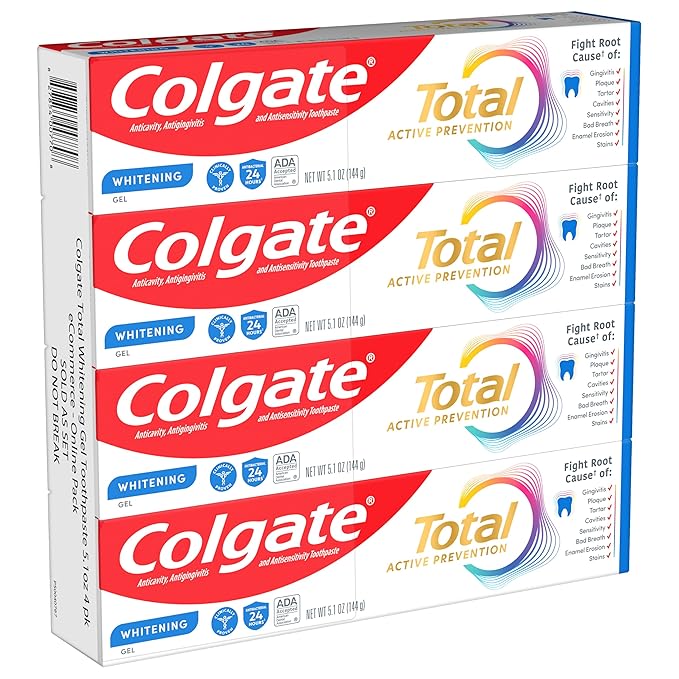 Colgate Total Active Prevention Whitening Gel Toothpaste with Fluoride, Bulk with Clinically Proven Formula That Fights Plaque Bacteria, Mint, 4 Pack, 5.1 oz-Ruum Studio Home
