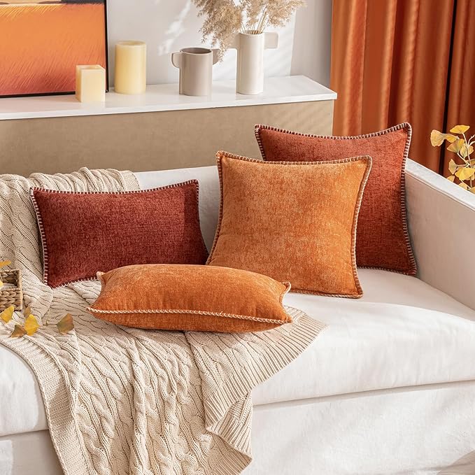MIULEE Pack of 2 Fall Couch Throw Pillow Covers 18x18 Inch Orange Farmhouse Decorative Pillow Covers with Stitched Edge Soft Chenille Solid Dyed Pillow Covers for Sofa Bed Living Room-Ruum Studio Home