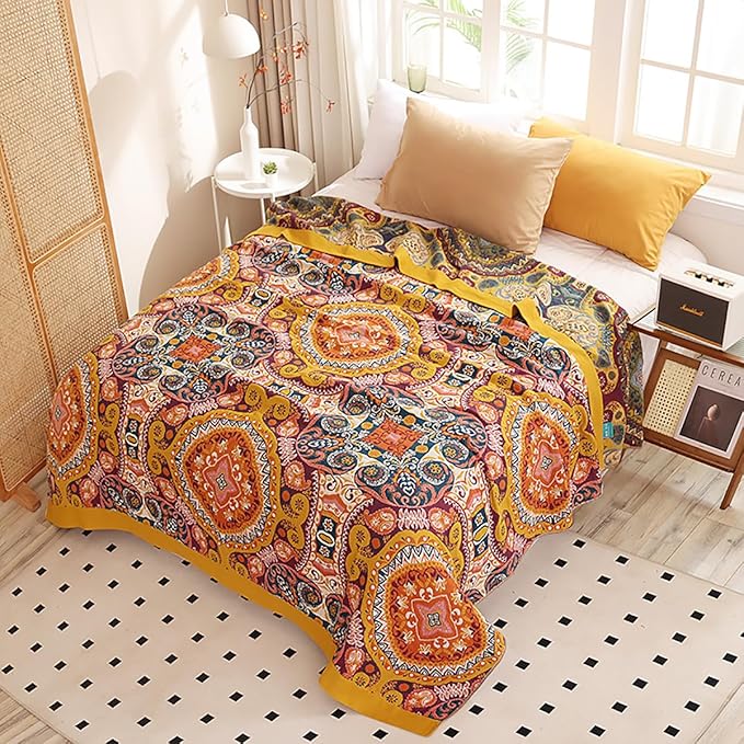 Boho Muslin Blanket for Adults 4-Layer Gauze Twin Size Soft Cozy 100% Cotton Summer Cooling Blanket Floral Decor for Sofa Bed Coverlet Both Sides (A Boho Figure Orange, Twin 60 x 80 in)-Ruum Studio Home
