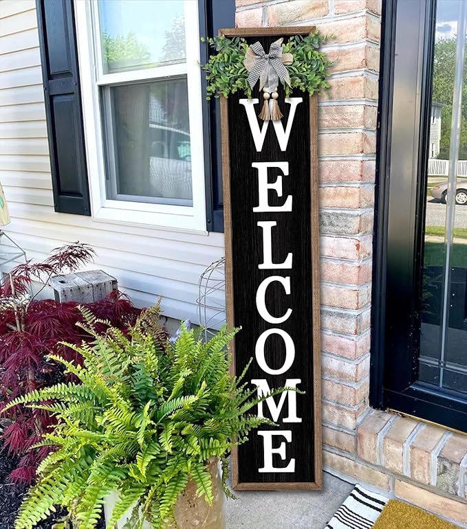 Surfapans Welcome Sign for Front porch Standing 45"X9"Large Wood Frame Outdoor Tall Welcome Signs Vertical Decor for Farmhouse Rustic Home Modern Outside Front Door Wall Decorations (Wood Black)-Ruum Studio Home