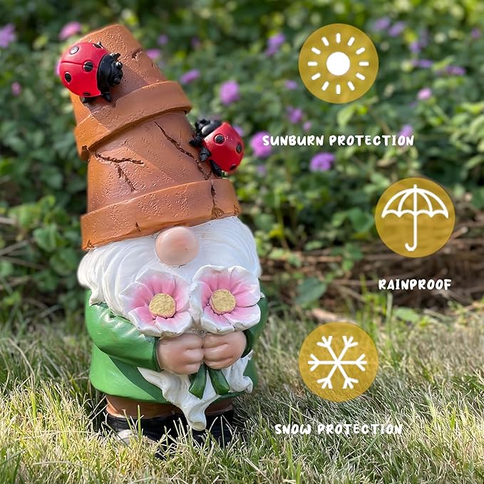 COWOS Garden Gnome Statues Outdoor Decor, Solar Gnomes with LED Lighted Flowers, Solar Resin Outdoor Statue Sculpture, for Woman Gift Home and Garden Decor-Ruum Studio Home