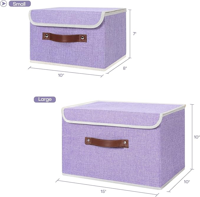 ANMINY 2PCS Storage Bins with Lid PU Leather Handles Storage Boxes PP Plastic Board Decorative Foldable Lidded Cotton Linen Fabric Home Cubes Baskets Closet Organizer Containers - Purple, Small Size-Ruum Studio Home