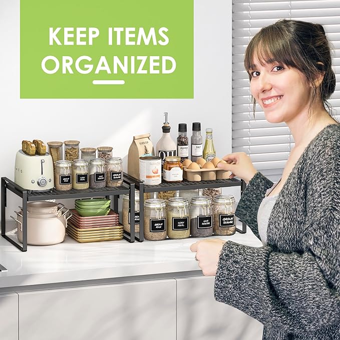 2 Pack Kitchen Countertop Organizer, Stackable Cabinet Shelf Organizer, 2 Tier Adjustable Kitchen Counter Shelves Riser For Pantry Cupboard Bathroom Organization And Storage, Desk Shelf,Spice Rack-Ruum Studio Home