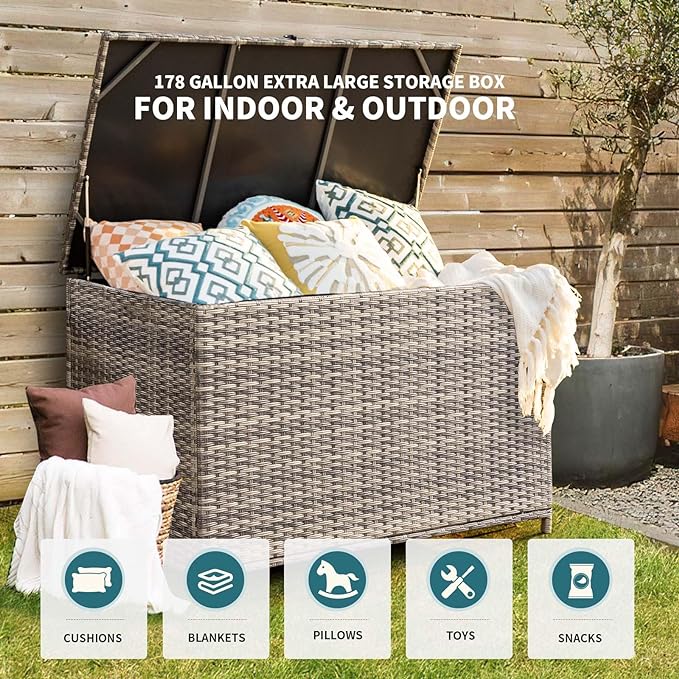 178 Gallon Outdoor Storage Box, Patio Deck Box with 2 Wheels, Handle Large Portable Wicker Rattan Deck Box for Patio Furniture Cushions, Throw Pillows, Garden Tools and Pool Floats (Gray)-Ruum Studio Home