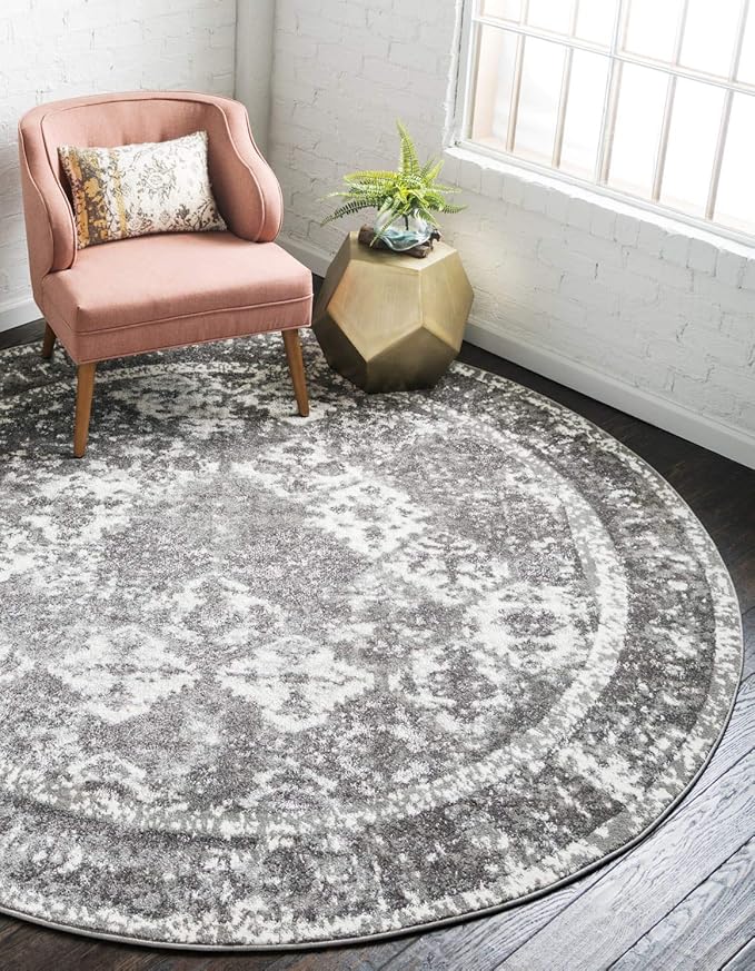 Unique Loom Rosso Collection Vintage, Traditional, Bohemian, Geometric, Distressed, Southwestern Area Rug (4' 0 x 4' 0 Round, Gray/Ivory)-Ruum Studio Home