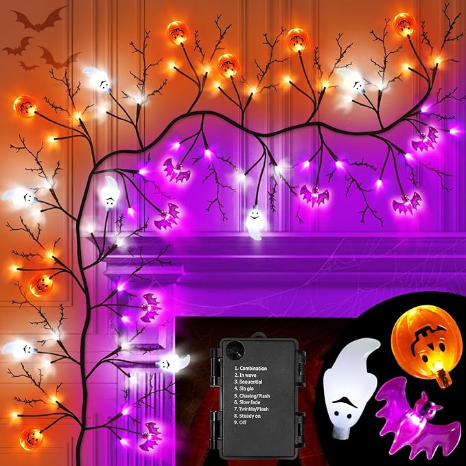 7 Ft 63 LED Halloween Willow Vine Twig Garland with 8 Modes Timer Orange Purple White Lights,7 Pumpkin Bat Ghost, Garland with Battery Operated for Wall Fireplace Halloween Decorations-Ruum Studio Home
