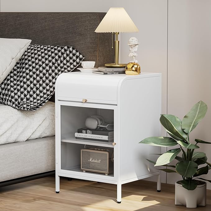 Modern Metal Side Tables Set of 2, End Tables with Glass Door, 2-Tier Nightstands with Storage Shelves, Accent Table, Slim Sofa Table for Living Room, Bedroom (White)-Ruum Studio Home