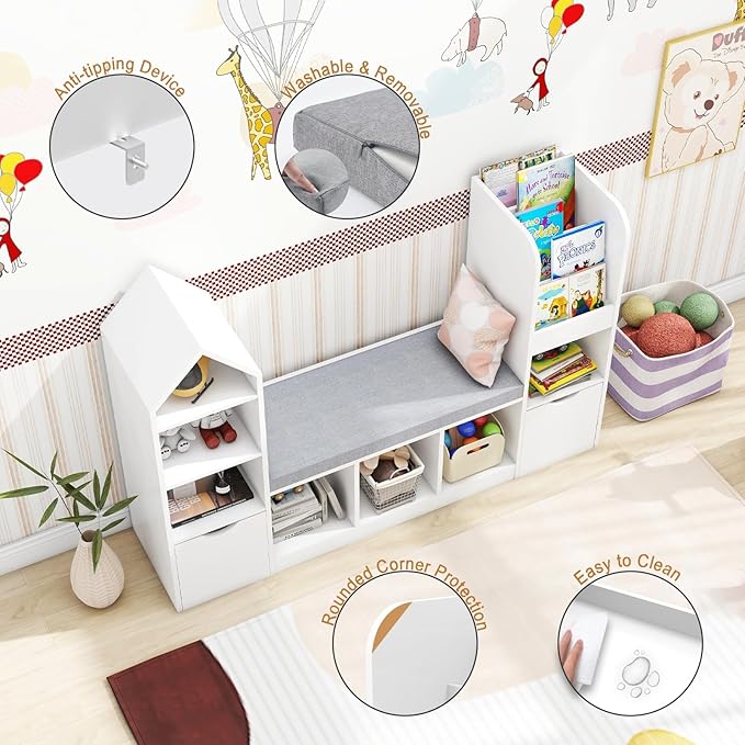 Vabches Kids Bookcase and Bookshelf with Reading Nook, Multifunctional Bookcase with 7 Storage Cubbies 2 Movable Drawers, Bookcases with Seat Cushion for Toy Storage Organizer Children's Room, Bedroom-Ruum Studio Home