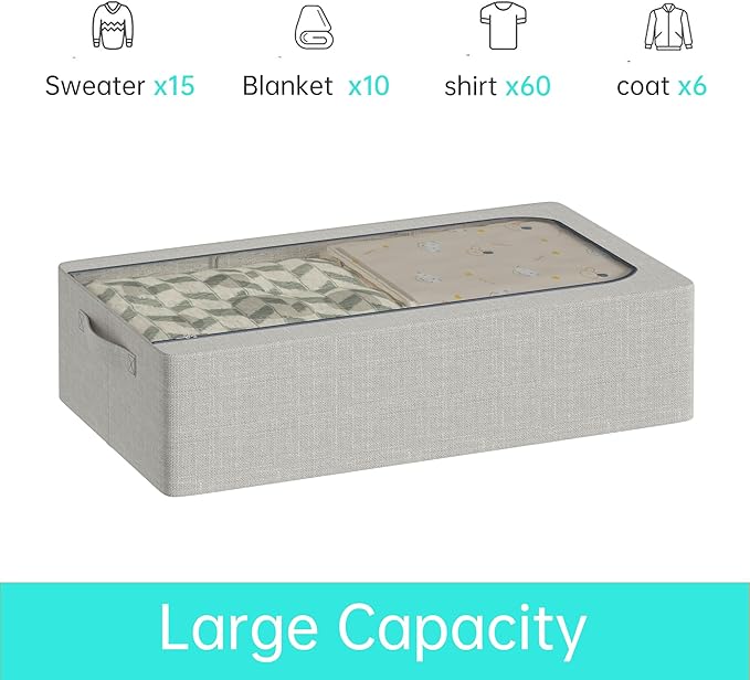 3PCS Under Bed Storage Bins with Metal Frame, Linen Fabric Frame Storage Box Clothes Organizer Bins, Underbed Container with Clear Window (Light Grey, 15.7 x 13 x 6IN)-Ruum Studio Home