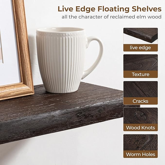 Axeman 72 inch Extra Long Floating Shelves for Wall - 8'' D Live Edge Rustic Solid Elm Wood Floating Shelves Wall Mounted, Wall Shelves with Invisible Bracket for Living Room Bedroom Kitchen, Walnut-Ruum Studio Home