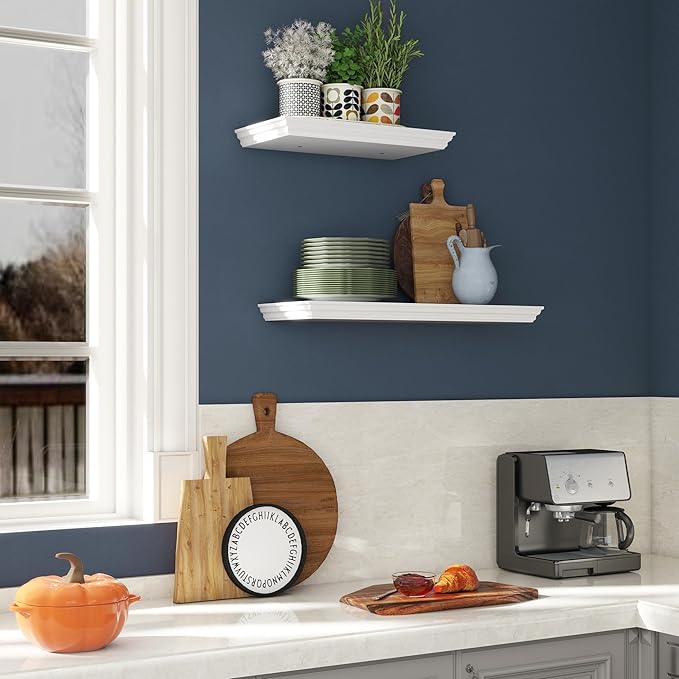 Floating Shelves for Wall, 16 Inch Wall Mounted White Hanging Shelf for Kitchen, Living Room, Office, Bedroom, Bathroom, Retro Vintage Wood Bookshelf for House Decor-Ruum Studio Home