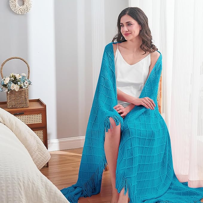 inhand Teal Throw Blanket for Couch and Bed, Soft Living Room Home Decor Knitted Twin Size Blanket, Outdoor Lightweight Breathable Summer Blanket, Farmhouse Warm Woven Decorative, 60"x80"-Ruum Studio Home