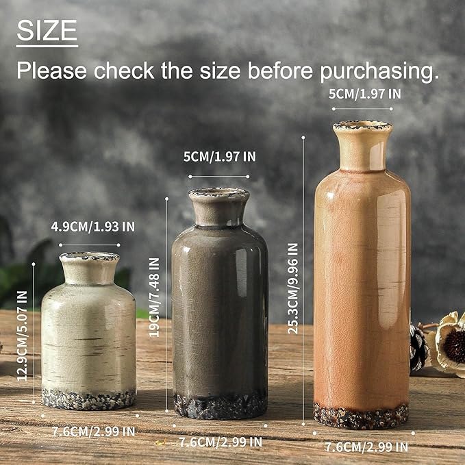 Ceramic Vase Set of 3, Neutral Flower Vases Home Decor, Pottery Rustic Farmhouse Decorative Vases Modern Decor for Table Mantel Entryway Bookshelf Living Room Kitchen Bedroom - Brown-Ruum Studio Home