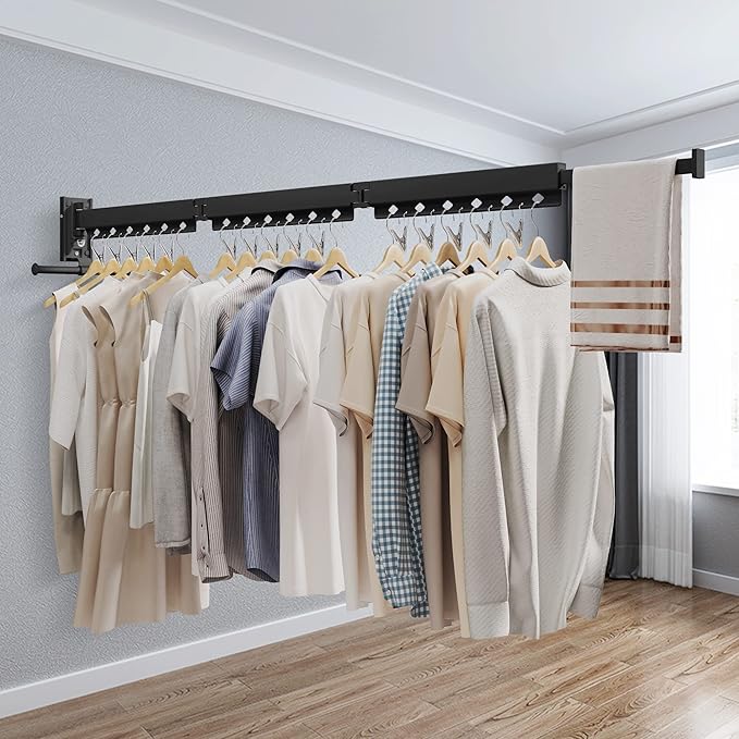 Wall Mounted Clothes Hanger, Aluminum Clothes Drying Rack, Space Saver, Retractable, Windproof Holes, with Clips-Ruum Studio Home