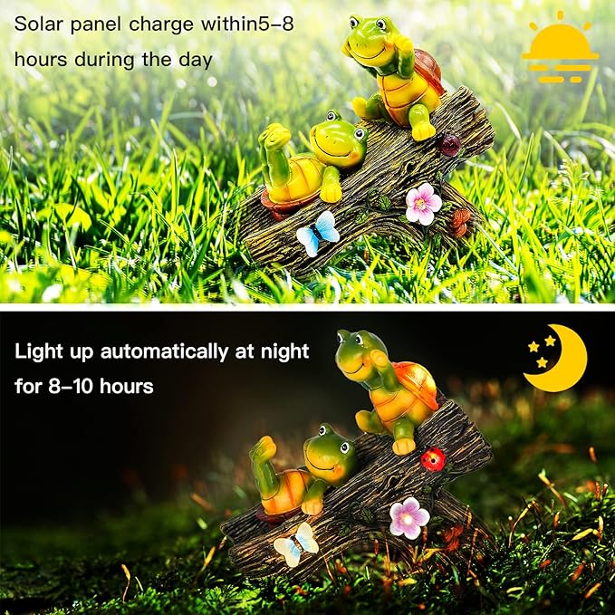 Garden Turtle Figurines Outdoor Decorations, Solar Statue Sweet Frog Face Turtles Decor with 4 LED Lights, Unique Garden Art Resin Statue Gifts for Patio Lawn Porch Yard-Ruum Studio Home