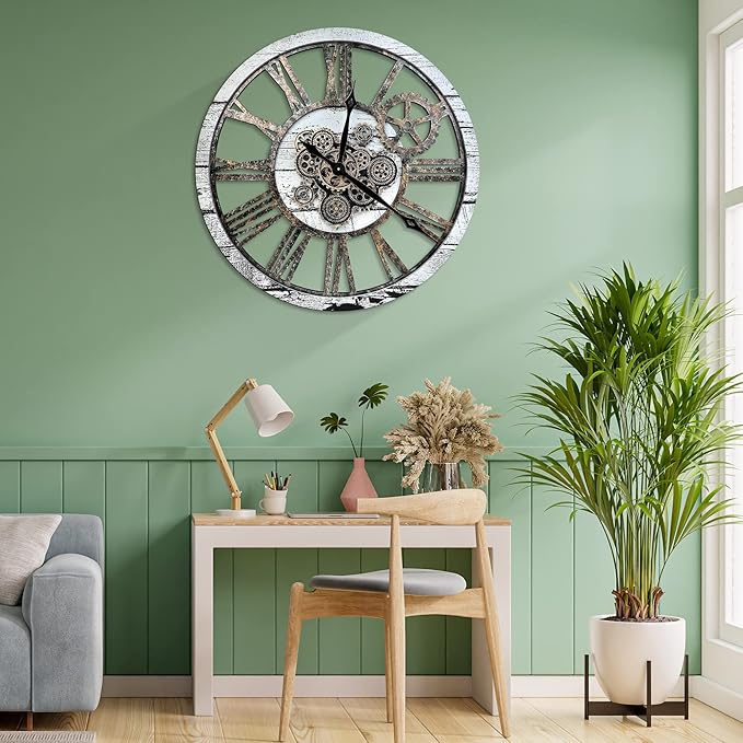 HOIBAI Large Wall Clock Clocks for Living Room Decor Oversized 30 Inch Wall Decor Farmhouse Vintage Rustic Industrial Roman Big Chic Home Decor Wall Clock for House Bedroom, Moving Gears Clock-Ruum Studio Home