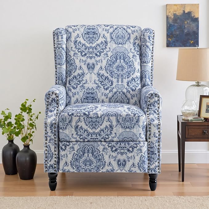 UIXE Floral Pushback Recliner Chair, Fabric Upholstered Armchair Push Back Accent Chair for Living Room, Rivet Trim Club Chair Home Theater Single Sofa Reading Seat - Navy Blue-Ruum Studio Home