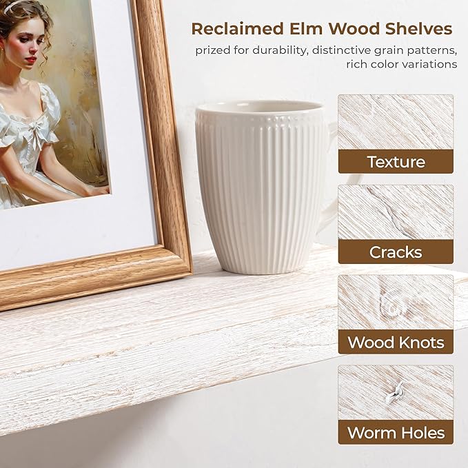 Axeman Floating Shelves for Wall - 40''W x 8'' D Rustic Solid Elm Wood Shelves for Storage, Wall Mounted Display Shelving with Invisible Heavy-Duty Metal Bracket (White Wash, 2PCs)-Ruum Studio Home