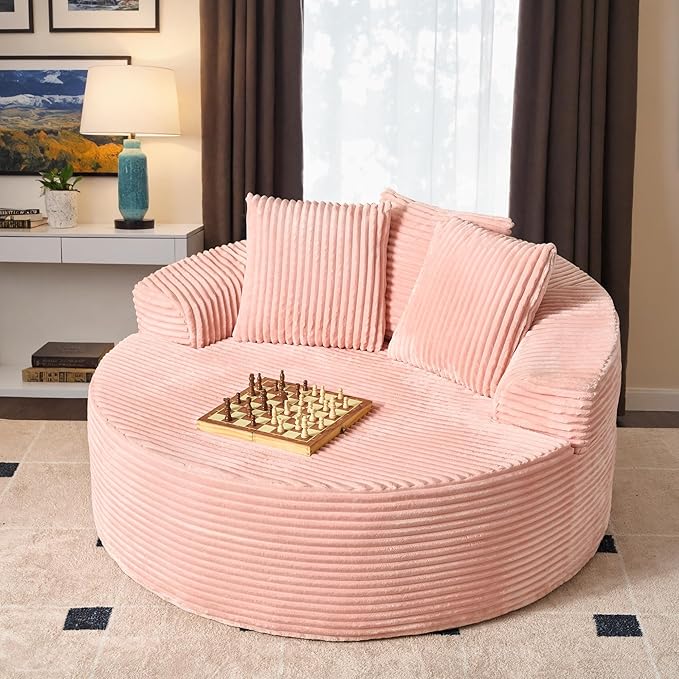 ovios 58" Oversized Round Chair Lounge Chaise Indoor, No Assembly Required, Cloud Large Circle Chair with Plush Fuax Fur, Fluffy Modern Sleeper Sofa Bed for Reading Yoga, Pink (Plush Corduroy Fabric)-Ruum Studio Home