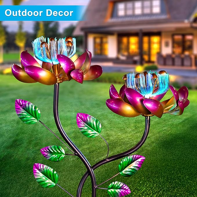 55'' Solar Powered Kinetic Wind Spinner Sculpture Pink Lotus Metal Stake Spinner for Patio, Lawn and Garden Decor Weather-Resistant Outdoor Art with Dual Lotus Design-Ruum Studio Home