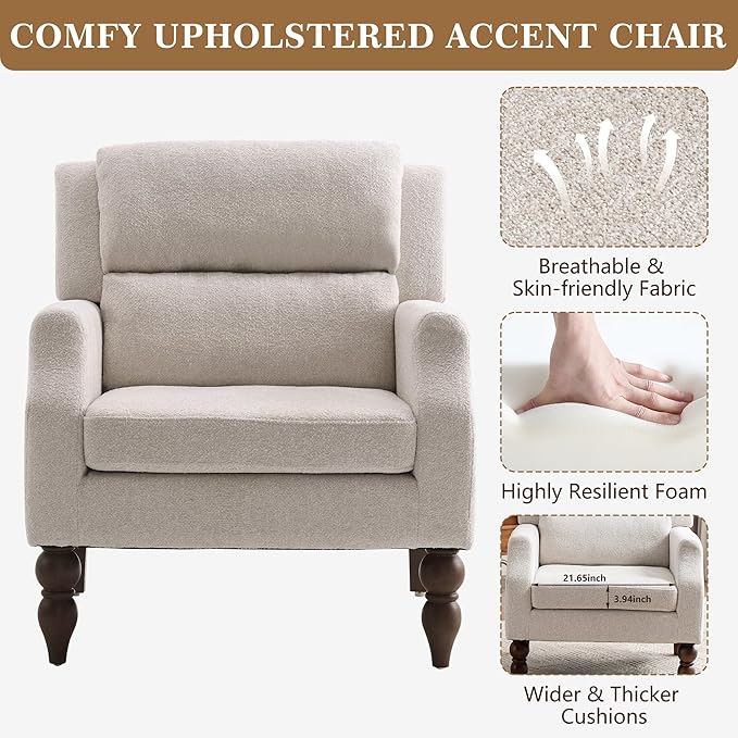 Kidol & Shellder Beige Oversized Accent Chair for Living Room Set of 2 Modern Reading Chair with Back Wide Upholstered Comfy Single Sofa Chair for Bedroom Lounge Side Corner Boucle Fabric Armchair-Ruum Studio Home