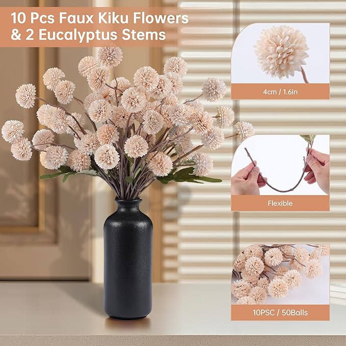 Faux Beige Kiku Flowers 10 Stems & 2 Eucalyptus, Fake Mums Pompon Flower Ball, Autumn Artificial Chrysanthemums Flowers for Boho Bedroom Decor, Silk Mini Faux Kiku Flower Wedding Arrangements Decor-Ruum Studio Home
