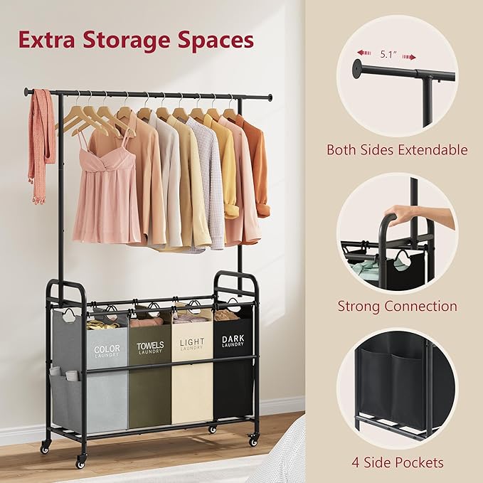 Tajsoon Laundry Sorter Cart with Hanging Clothes Rack, 4 Butler Sorter Basket Organizer, Laundry Hamper Cart with Heavy Duty Rolling Lockable Wheels, 4 Colors-Ruum Studio Home