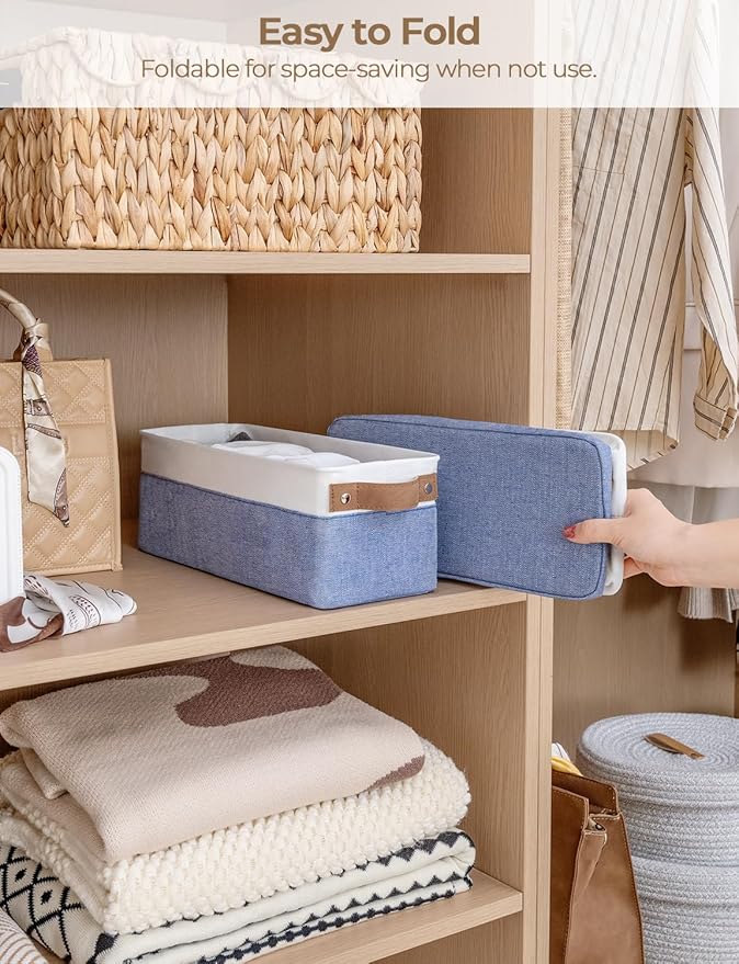 StorageWorks Narrow Storage Bins, Small Basket for Closet and Shelves, Fabric Organizer with Handles, Toilet Paper Storage, Blue and White, 2-Pack-Ruum Studio Home
