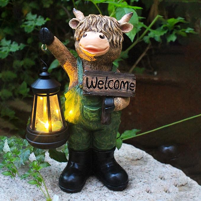 Solar Garden Decor Statues: Handmade Resin Statue with LED Light,Highland Cow Figurine Outdoor Garden Decor Unique Gifts for Women, Mom, Grandma (Green cow1)-Ruum Studio Home