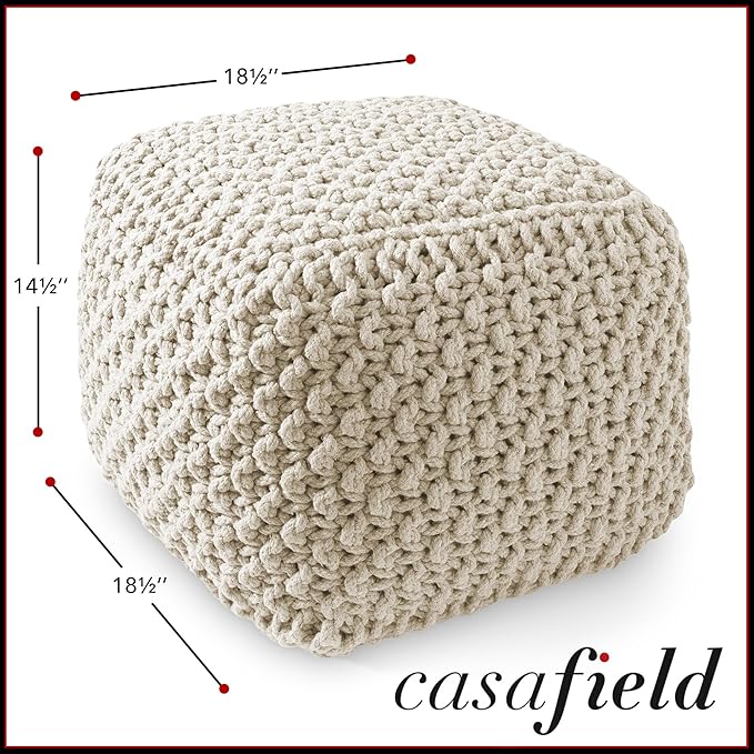 Casafield Square Pouf Ottoman, Natural - 18.5" W x 18.5" D x 14.5" H Cotton Knit Foot Stool - Boho Floor Pouffe for Living Room, Bedroom, Home Office-Ruum Studio Home