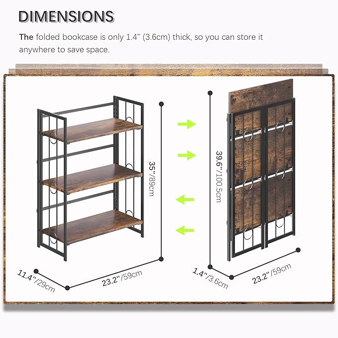 4NM No Assembly 3 Tiers Folding Bookshelf, 35" H Foldable Storage Shelves Vintage Bookcase Standing Racks Study Organizer Home Office - Rustic Brown Black-Ruum Studio Home