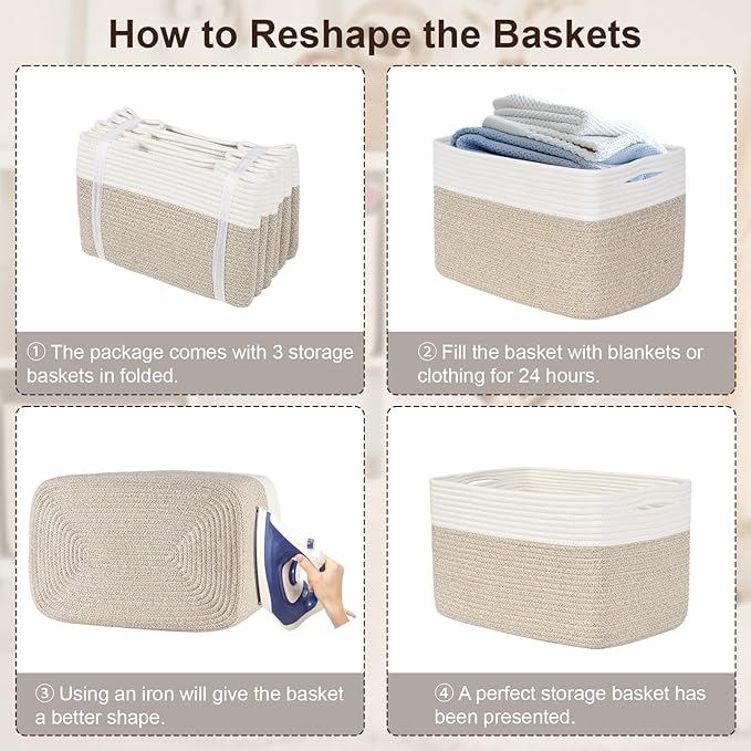 Shelf Baskets for Organizing, Woven Storage Basket for Shelves, Cotton Rope Storage Bins for Toys Books, Nursery Towel Baskets for Classroom, 14.96"X9.8"X8.85", 3-Pack White/Brown-Ruum Studio Home