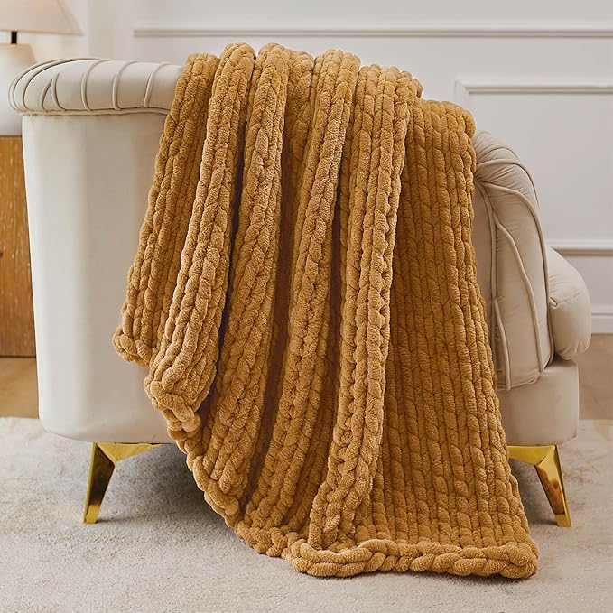 Esterra Chunky Knit Throw Blanket Newly Upgraded Heavy Tighter Version, Handmade Chenille Throw Super Soft, Thick Yarn Cable Knit Crochet Throw Blanket for Couch Bed Sofa (50"x60" Mustard Yellow)-Ruum Studio Home