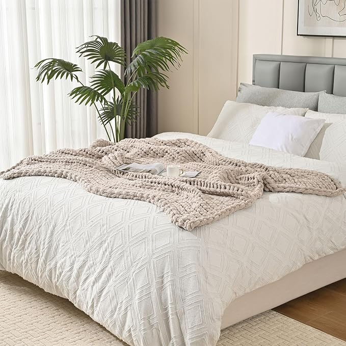 Esterra Chunky Knit Blanket Throw 50"x60", 100% Hand Knitted Chenille Throw Blanket, Cozy Soft Thick Cable Knit Throw Large Rope Knot Crochet Throw Blanket for Sofa Couch Bed, Linen Beige-Ruum Studio Home