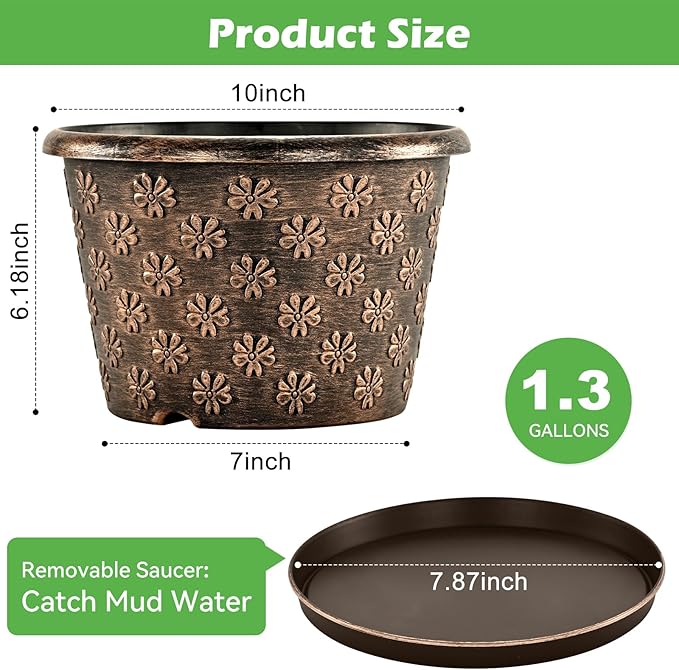 10 Inch Planter Pots for Plants, 4 Pack Plastic Large Flower Pots Indoor Outdoor, Resin Plant Pot with Drainage & Saucer, Retro Decorative Garden Pot with Removable Trays for House-Ruum Studio Home