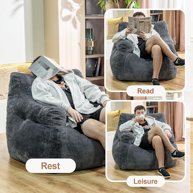 Giant Bean Bag Chair, Faux Fur Large Bean Bag Chair for Adults, Fluffy and Comfy Giant Bean Bag Chair with Filler, Big Bean Bag Sofa Chair for Reading, Gaming, Grey-Ruum Studio Home